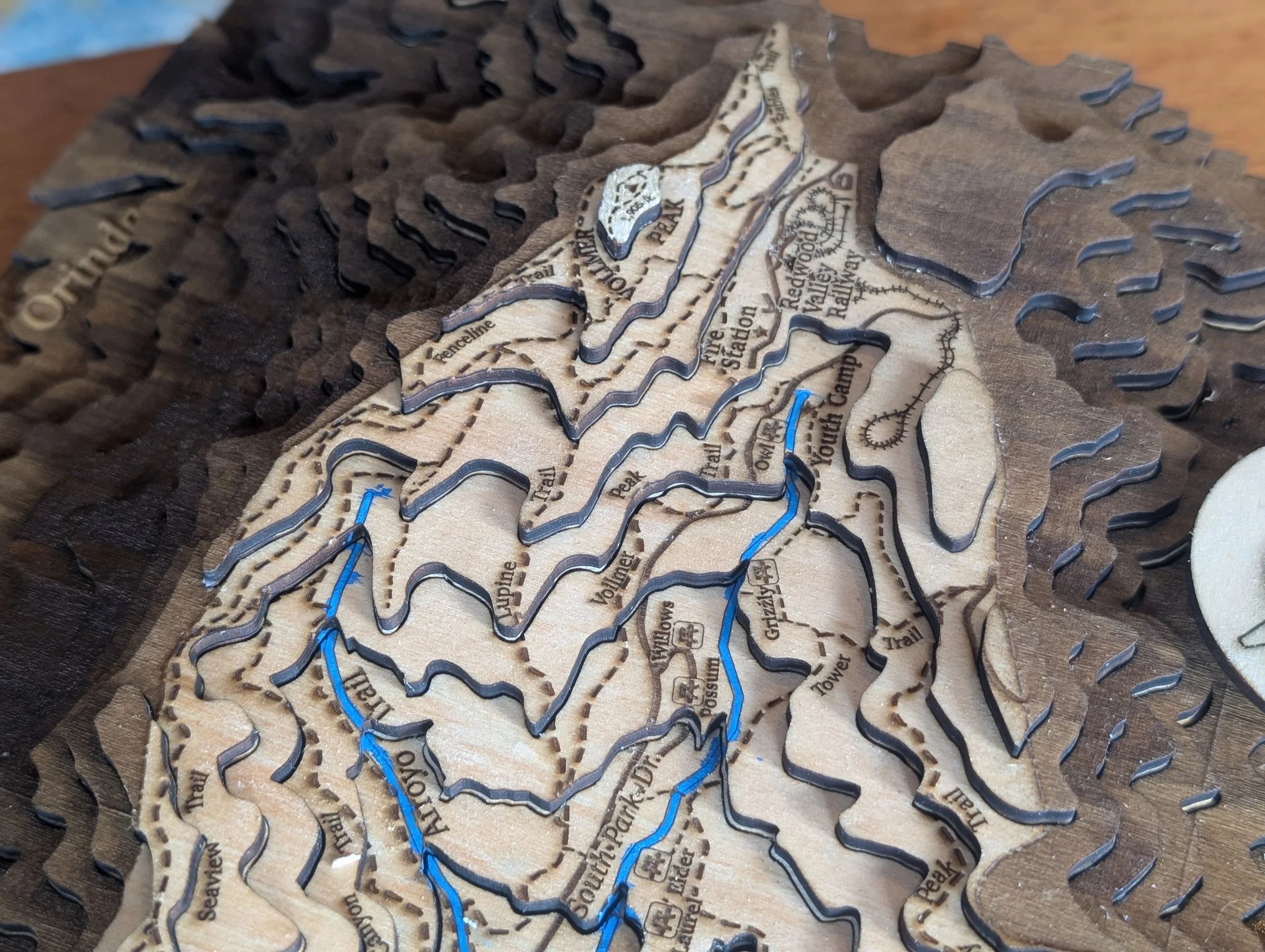Close-up detail of Tilden showing the contrast between the light park interior and dark surrounding hills. Blue-painted rivers flow through the terrain, and engraved text labels trails like Arroyo Trail and South Park Drive. The layered edges create visible striations at each 100-foot elevation change.